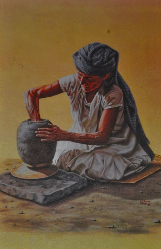 an old woman with a big turban is sitting near a small vase