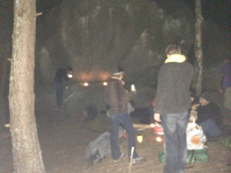 several people standing around in the woods at night