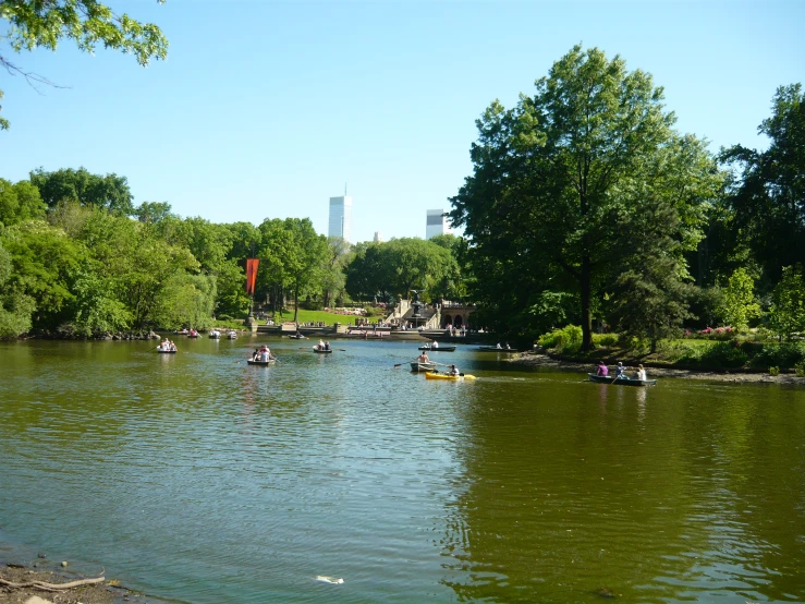 canoes and paddle boaters glide down the calm river