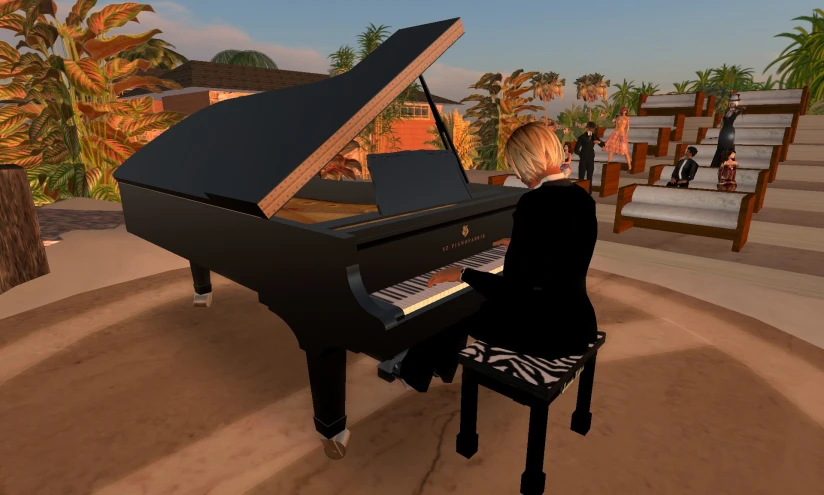 the animated model shows a piano playing while someone walks down the stairs