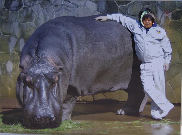 the woman is next to the hippo as it has her picture taken