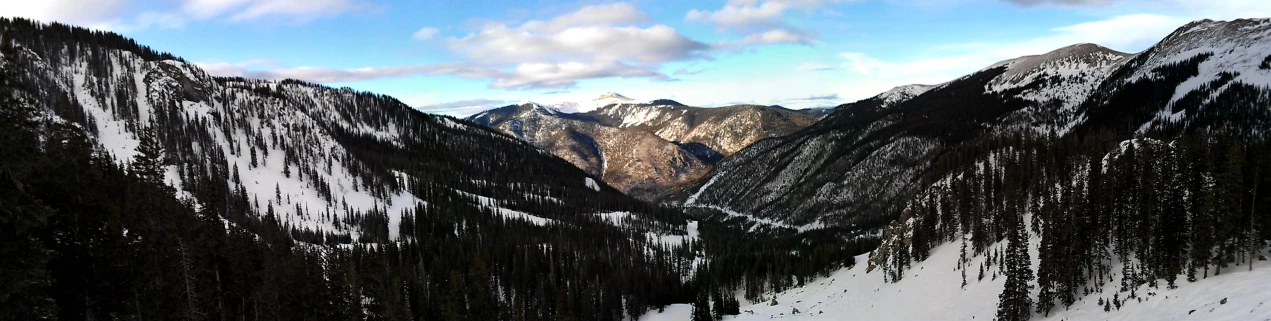 the top of a snow covered mountain with a few trees