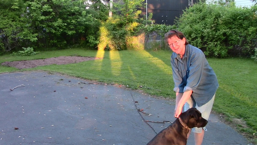 a man holding a dog in one hand and leashing it to another man