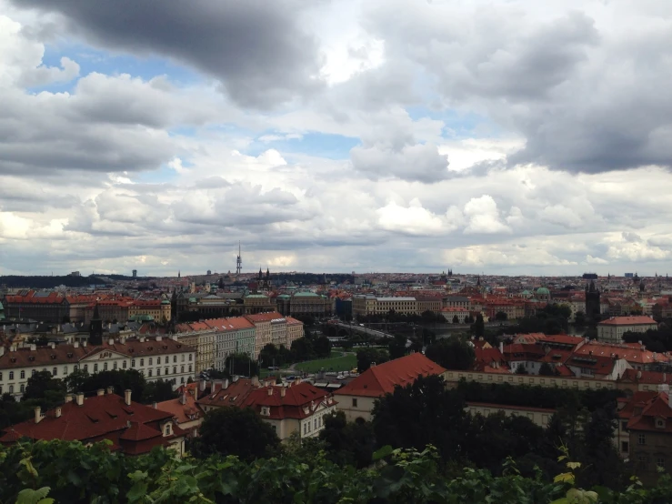 the cloudy sky above a city with some buildings