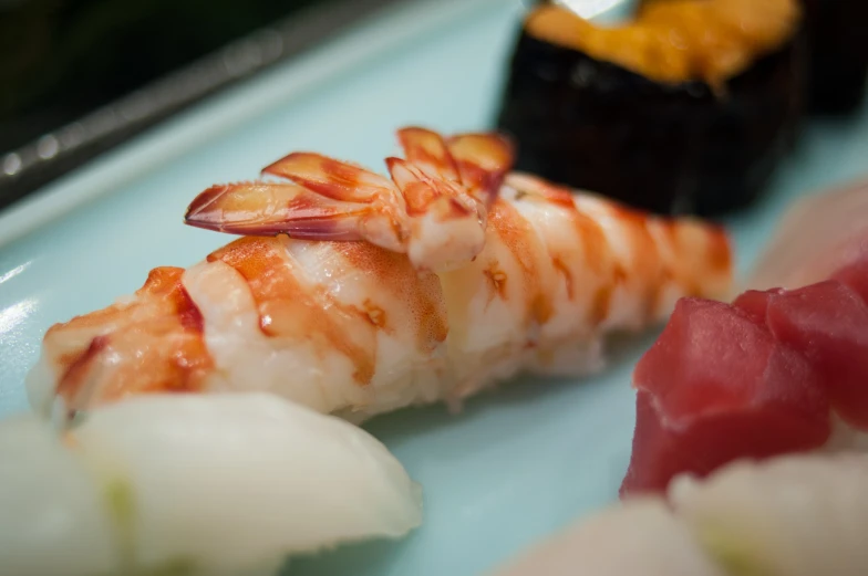 a plate with shrimp, cucumber, and sushi