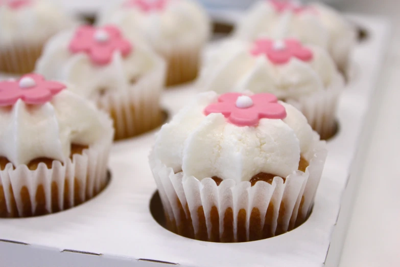 cupcakes with white and brown frosting decorated with pink bows