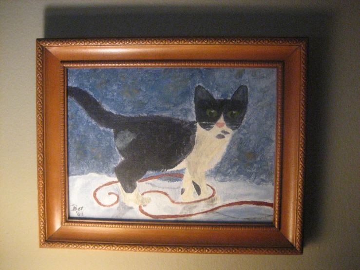 a painting on the wall depicting a cat with a leash