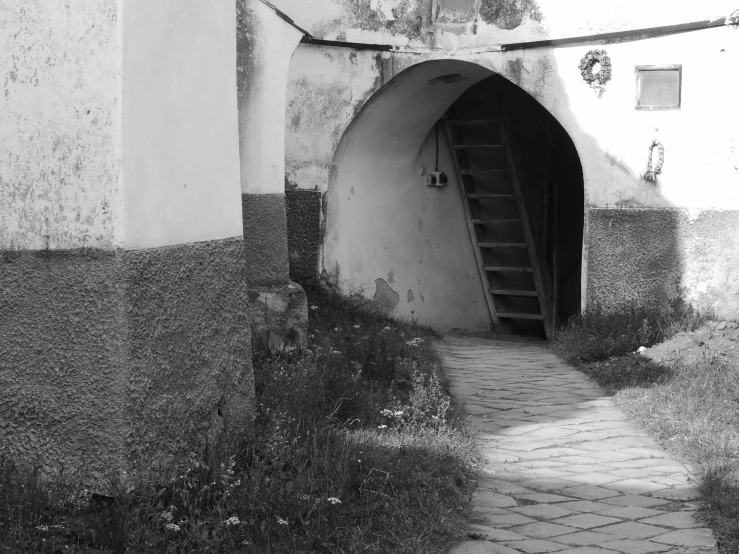 black and white image of stairs leading into a building