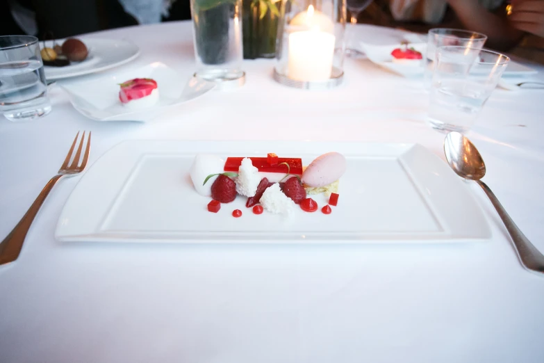 the dinner plate has fruit, which has water and ice cream on it