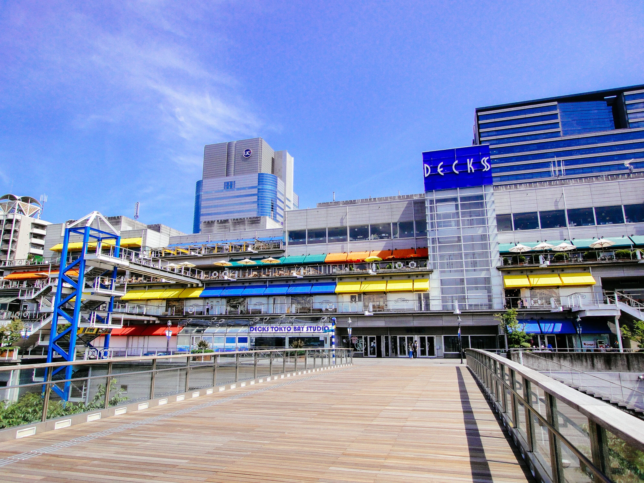 several buildings and the bridge over water on a sunny day