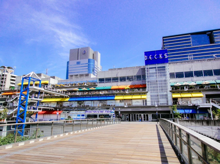 several buildings and the bridge over water on a sunny day