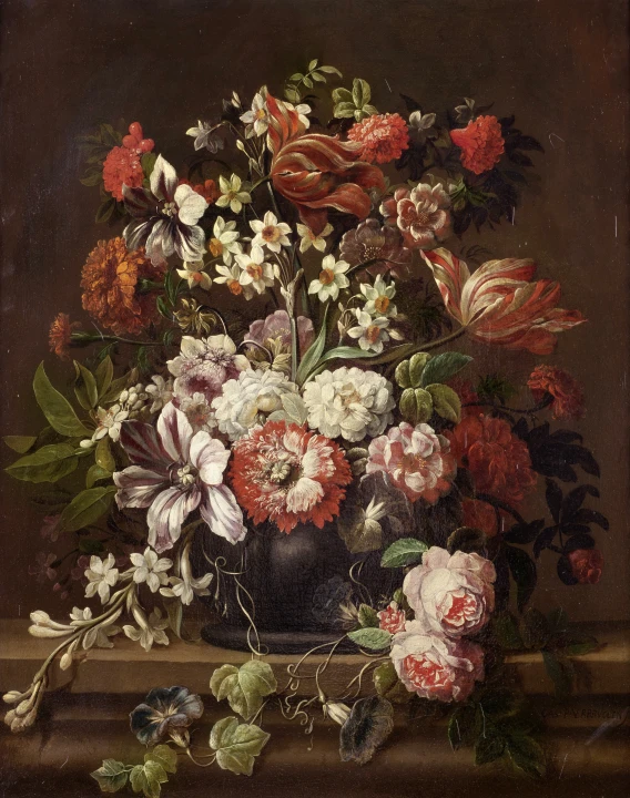 a painting of flowers is shown with red and white flowers