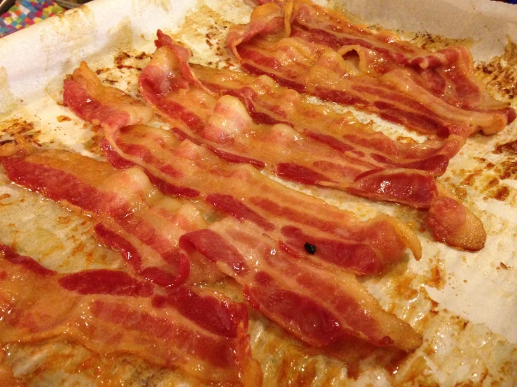 a plate full of bacon sitting on top of a table