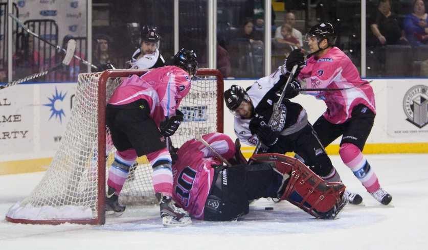 two hockey players are playing with their teammates