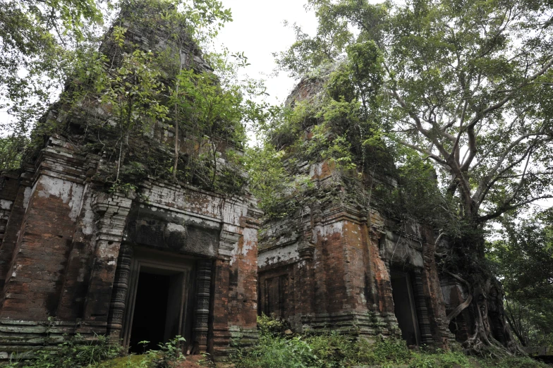 an ancient building with overgrown vegetation growing over it