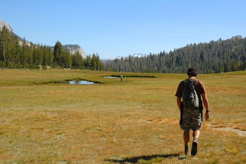 a man walking in an open field towards mountains