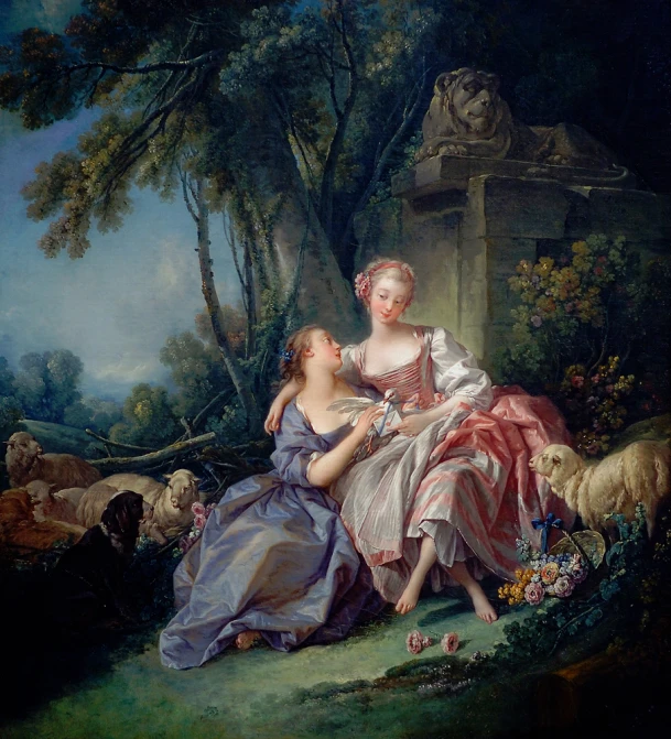 a painting with two women that are outside