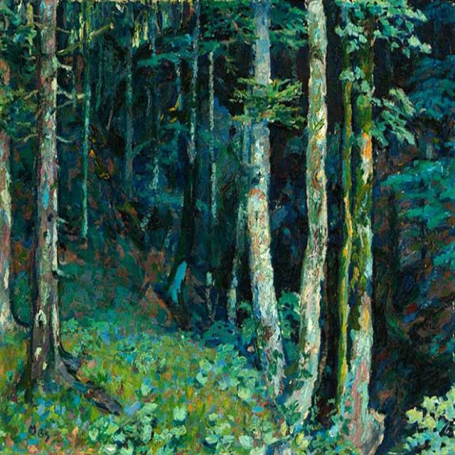 a painting of some trees in the forest