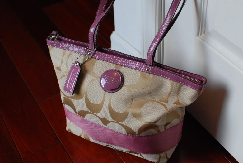 a coach purse sits on a door frame next to a wooden floor