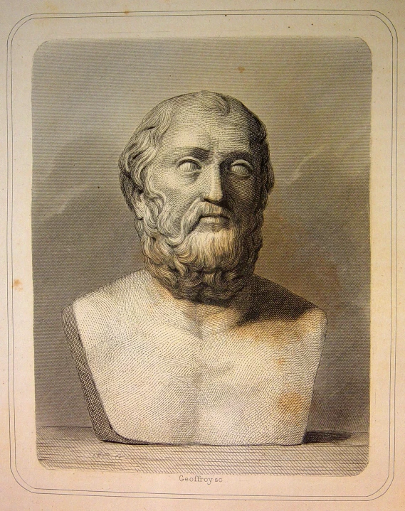 a vintage print of a head and shoulders, with a beard