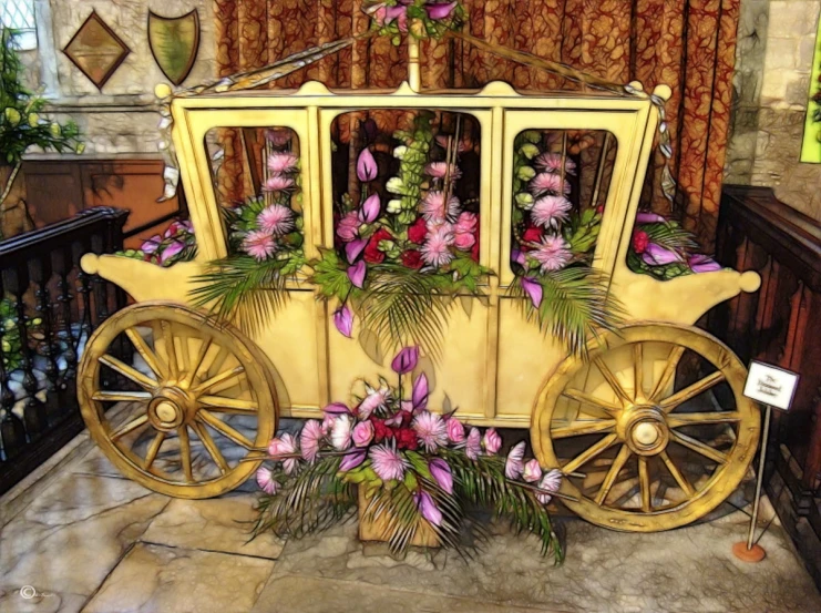 a horse drawn carriage with flowers in front of a window