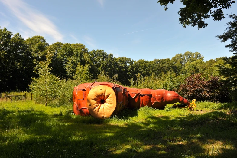 there is a giant red object in the middle of the grass