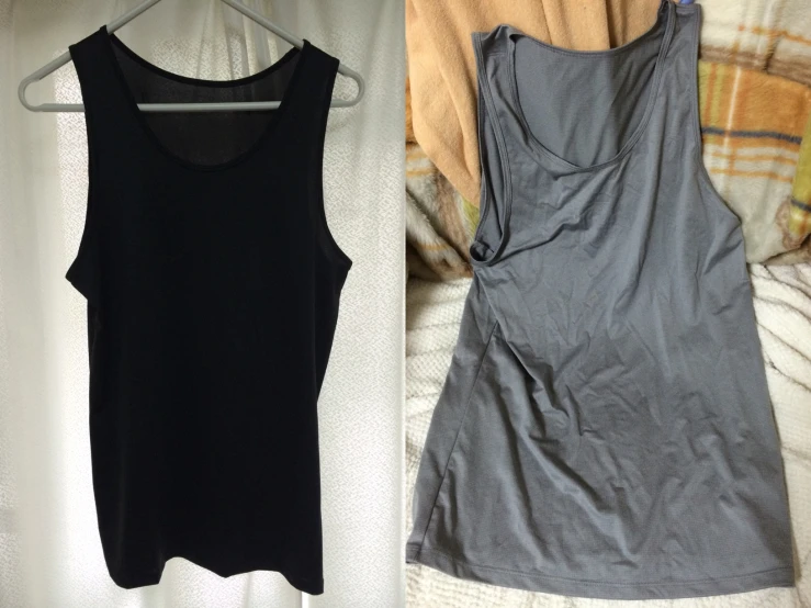 a black tank top and a gray tank