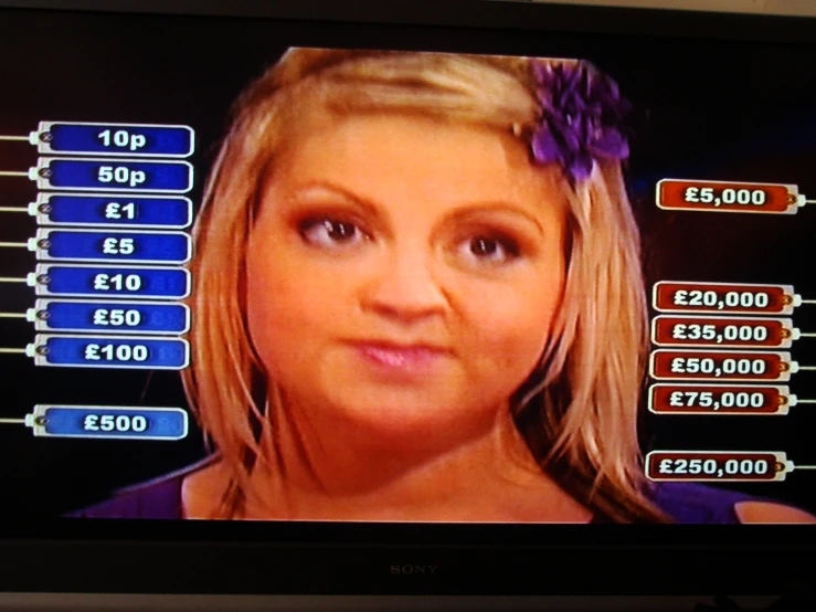 a woman looking up from the price label of a tv set