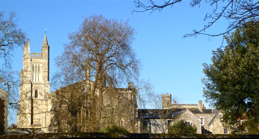 a castle like building with a steeple and trees around it