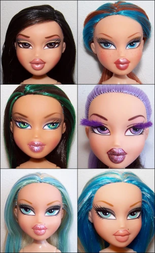 six doll ss of different heads in various outfits