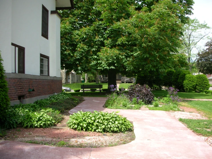 an empty walkway in the middle of a front yard with lots of greenery