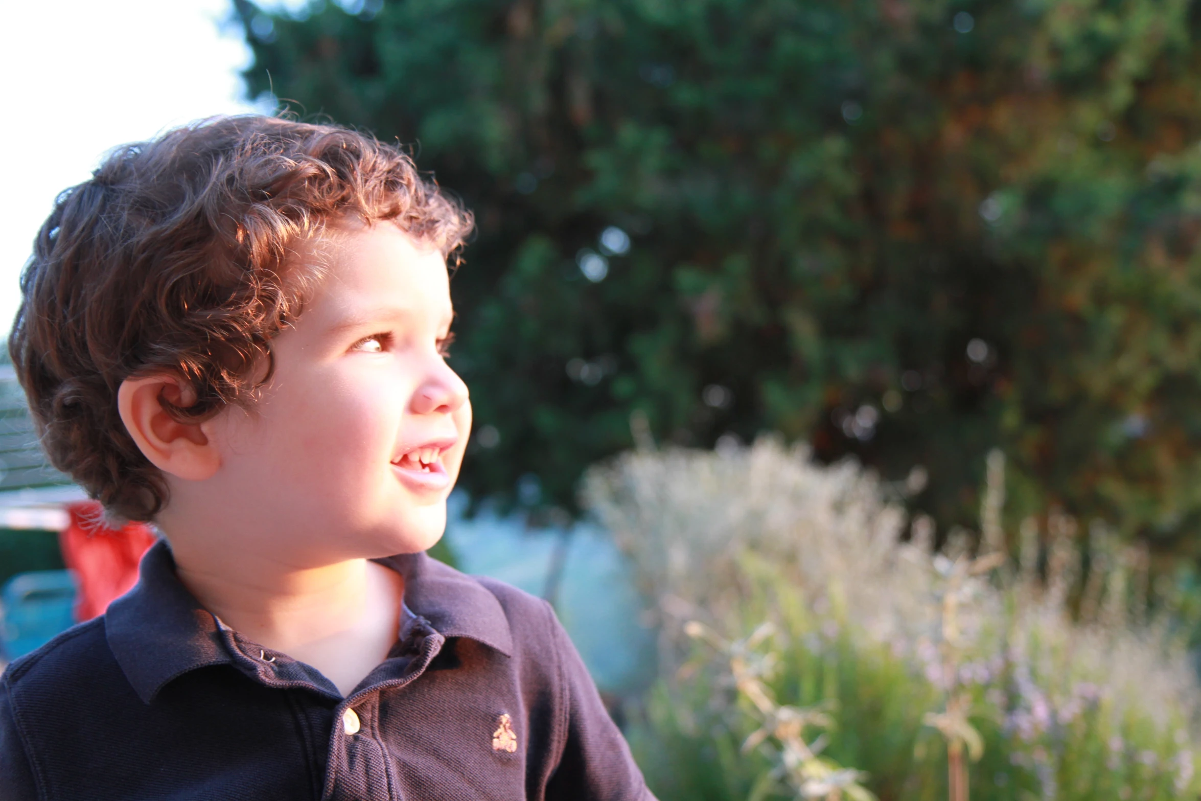 little boy smiling while standing next to bushes