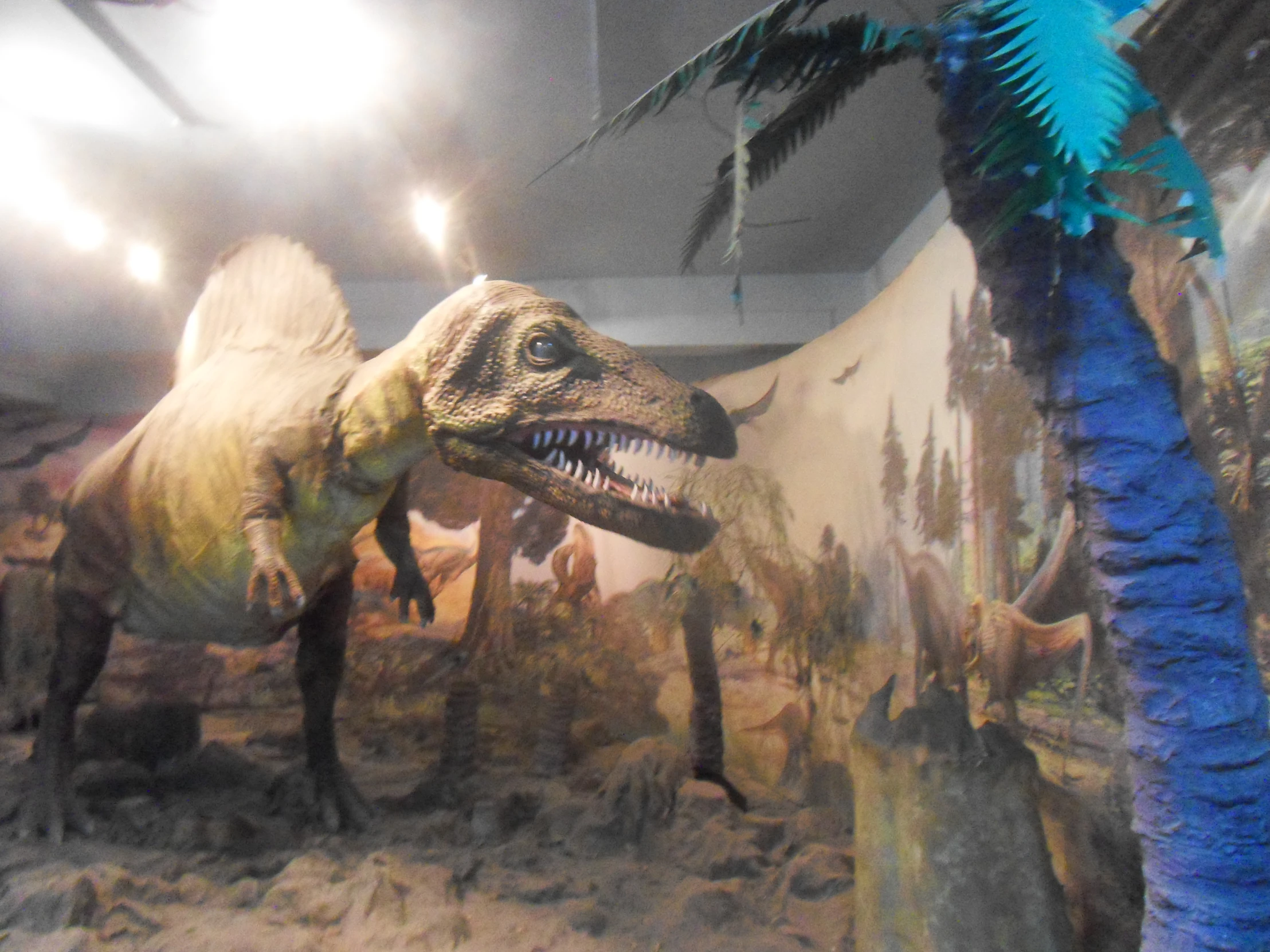 museum display with dinosaur in large room and backdrop