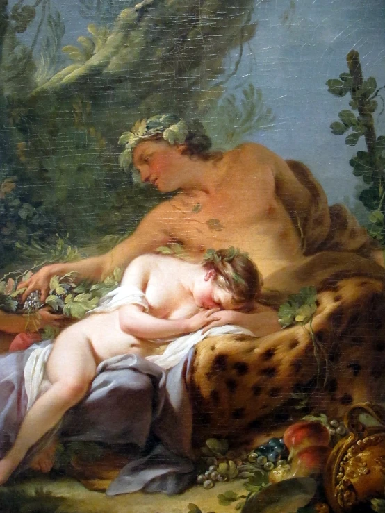 a painting shows a  woman laying down on a blanket next to a  man