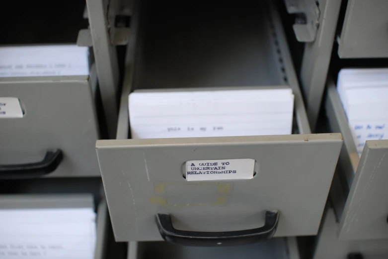 several file cabinets with various papers on them