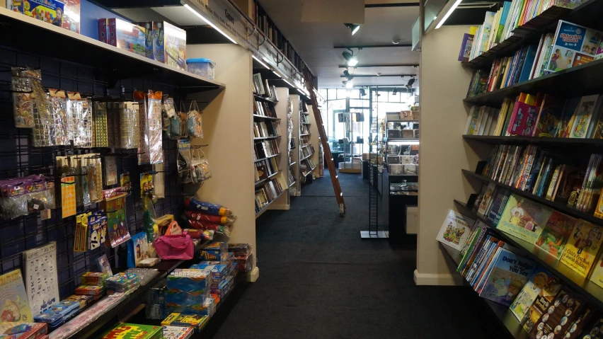 a long row of shelves that have toys and games