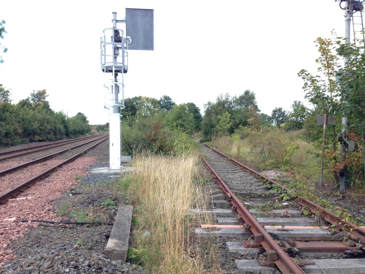 train tracks and a stop sign in a deserted area