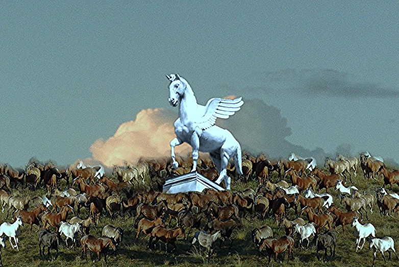 a large field filled with horses and one winged horse on top