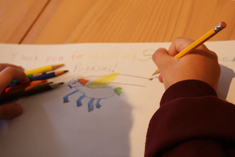 a young person draws up a picture of a horse on paper