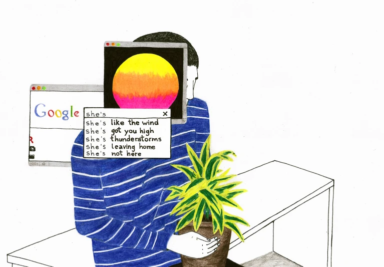 drawing of a person holding a plant, laptop computer and another screen