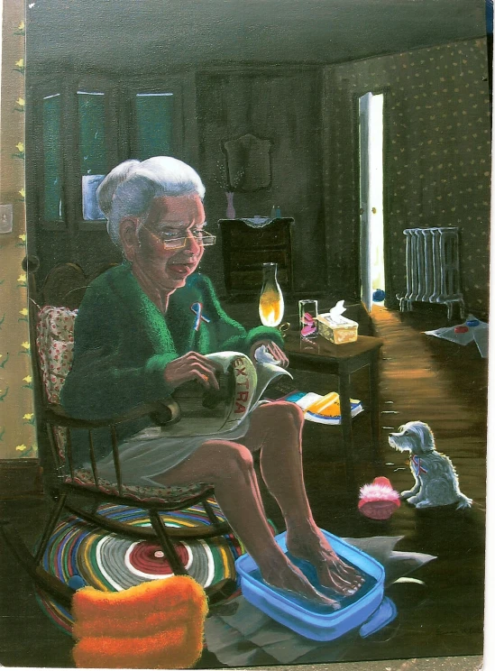 a woman sits on a chair reading in a living room