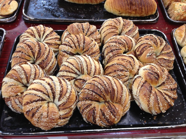 several trays of freshly baked bread are lined up