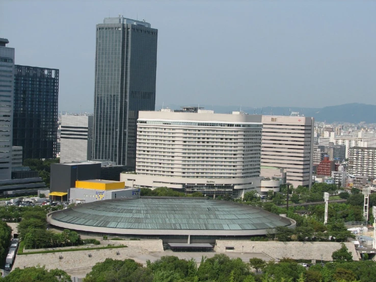 a city skyline with tall buildings and a large dome