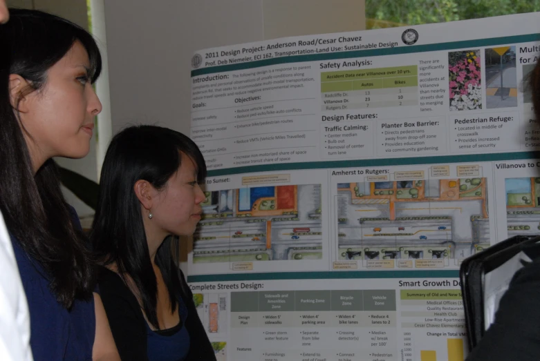 two women standing in front of a poster