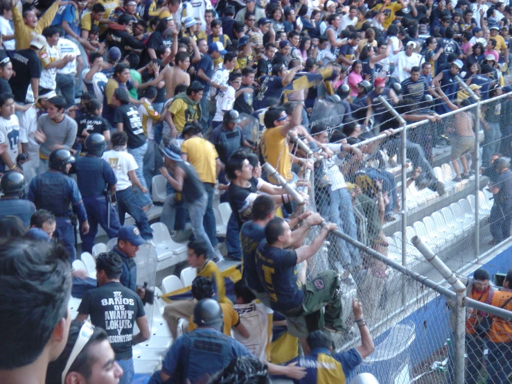 many people in a stadium standing behind a fence