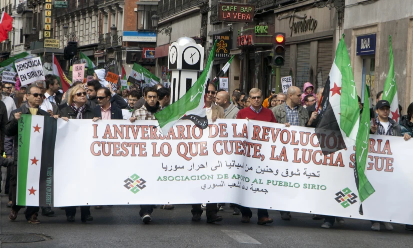 large group of people holding flags and signs with an ornate pattern