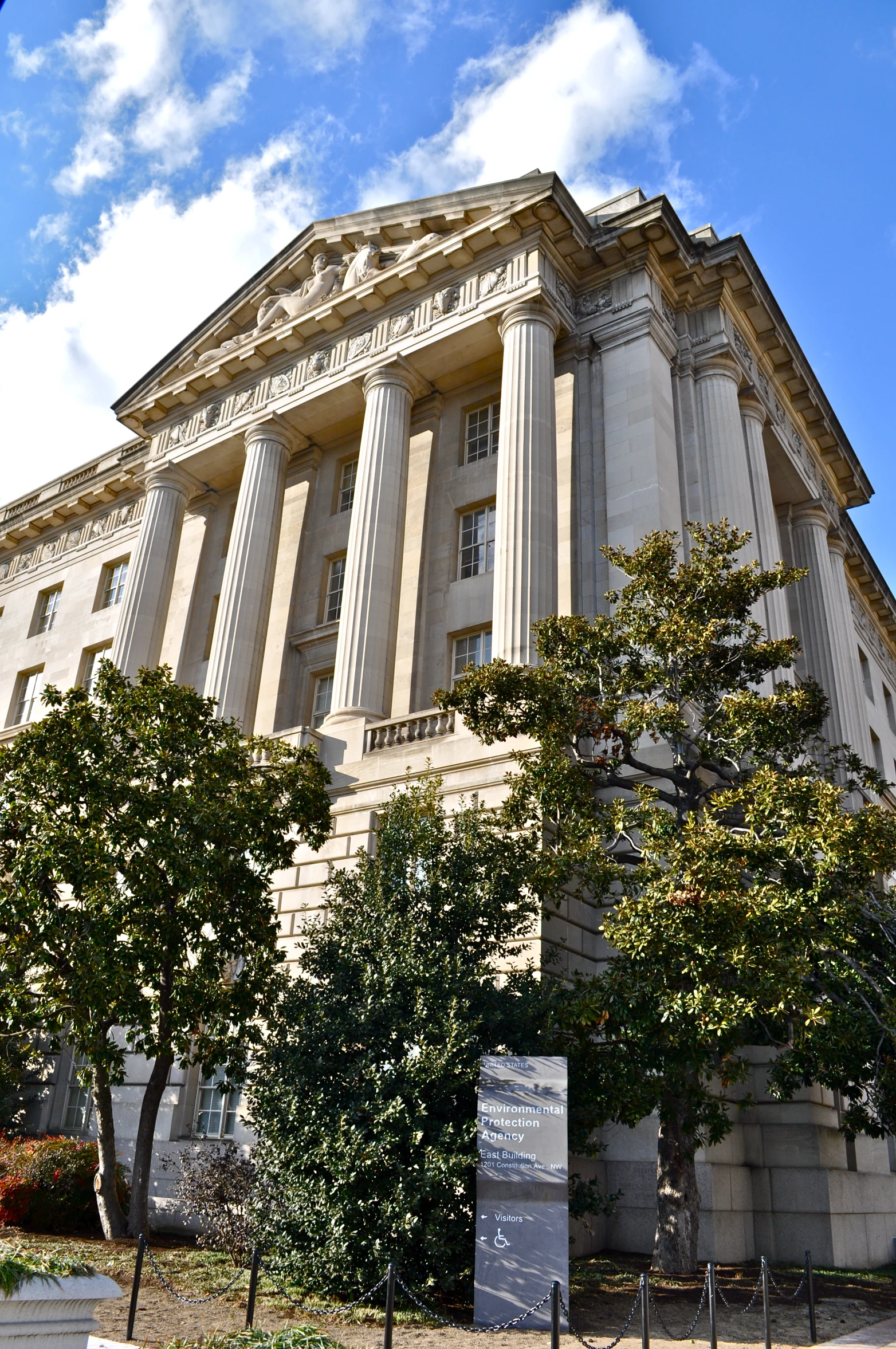 a view of a building with many pillars