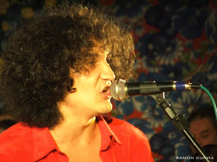 a man with an afro on singing in front of microphone