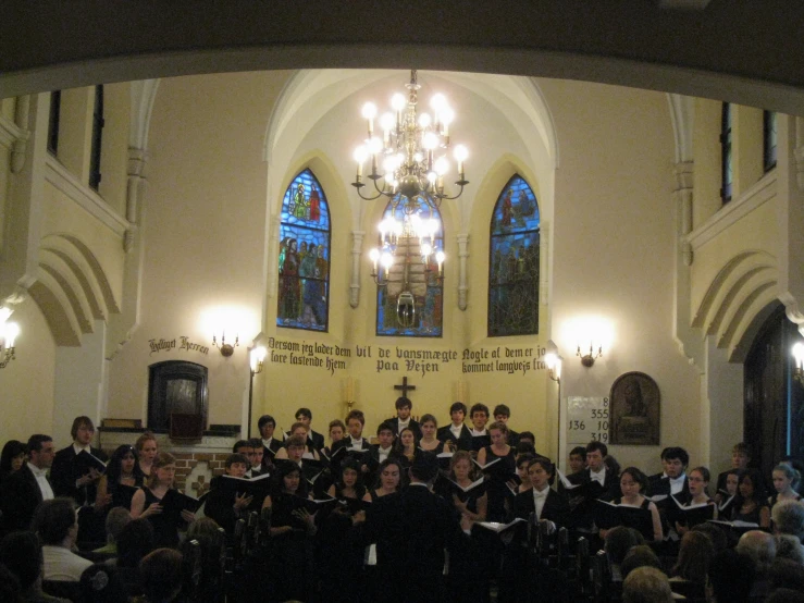 a choir singing in an old church