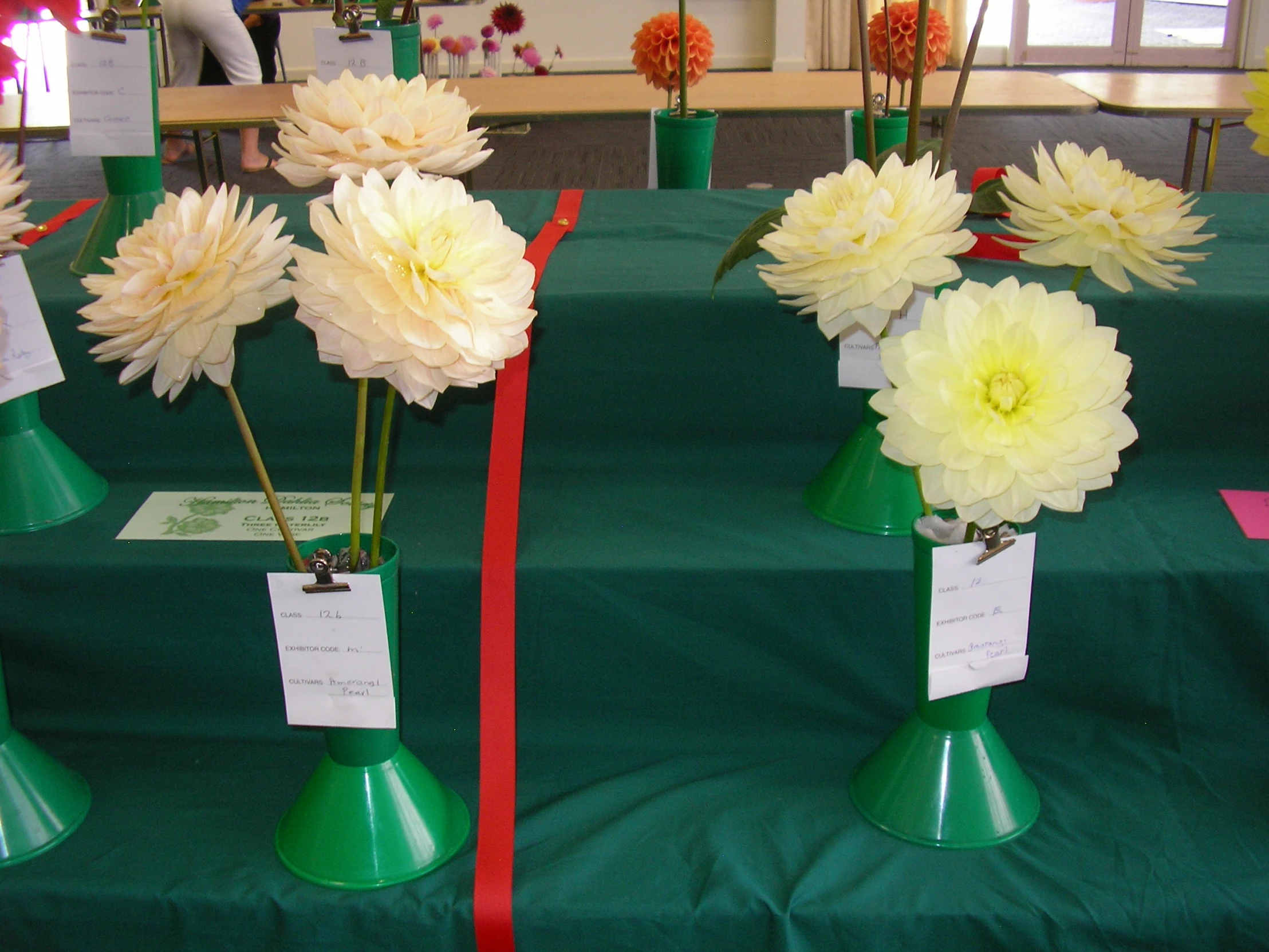 there are four different color flowers in these vases